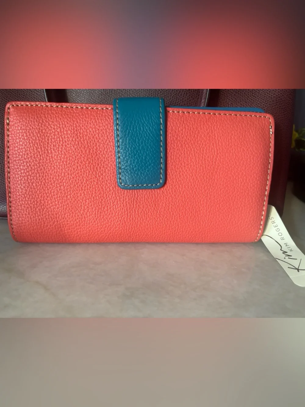 Kim Rogers Coral Wallet with Teal Snap Strap